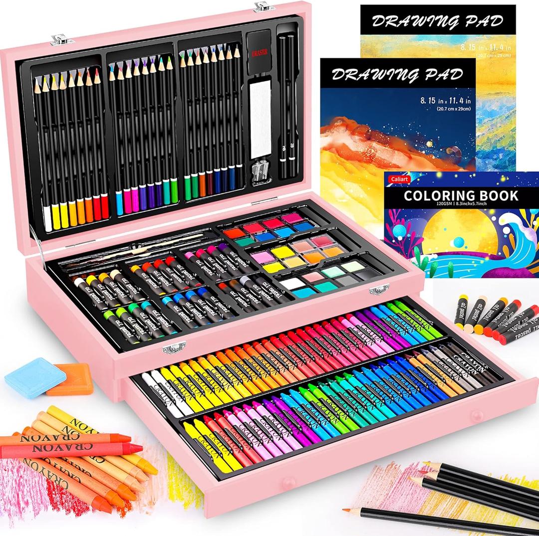 Caliart Art Supplies, 153-Pack Deluxe Art Set in Wooden Case, Crafts Drawing Painting Kits with 2 A4 Sketch Pads, Coloring Book, Stocking Stuffers Christmas Gifts for Teens Girls Kids Artists (Pink)