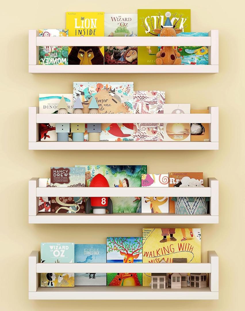 Onlysky Set of 4 Wall-Mounted Kid's Bookshelf - White Floating Nursery Book Shelves - Durable Wood Construction - Ideal for Nursery Decor, Kids Room, Toy Storage