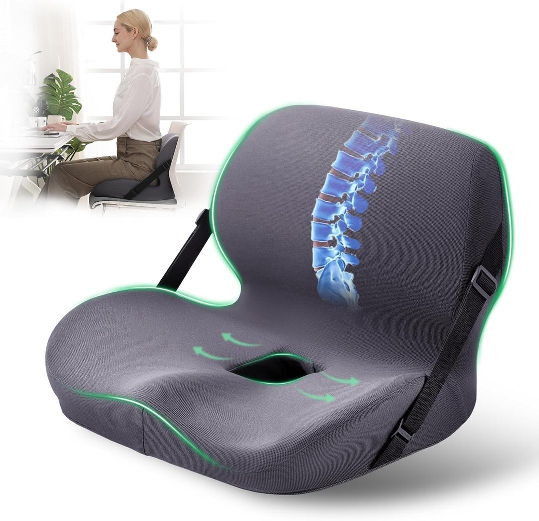 EGOHOME L-Shaped Seat Cushion for Office Chair & Car, Memory Foam Coccyx Cushion with Lumbar Support - Relieves Tailbone, Sciatica, Lower Back Pain, Adjustable Strap & Non-Slip Bottom, Grey