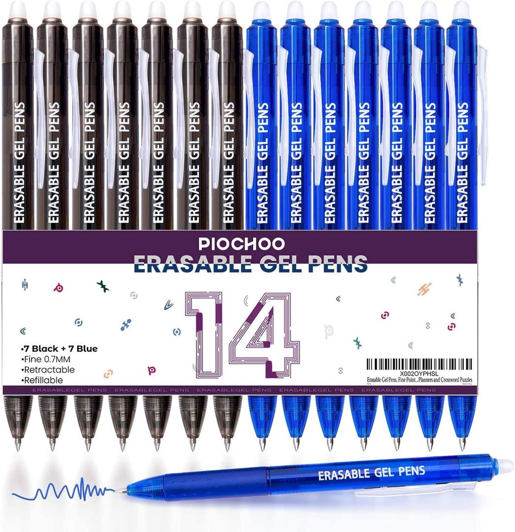14 Colors Erasable Gel Pens, Fine Point, Retractable Clicker Pens, 7 Black/7 Blue Inks for Planners and Crossword Puzzles 14 Colors Erasable Gel Pens, Fine Point, Retractable Clicker Pens, 7 Black/7 Blue Inks for Planners and Crossword Puzzles