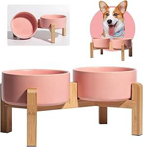 Elevated Ceramic Dog Bowl Set  Raised Dog Bowls with NonSlip Bamboo Stand  Dog Food and Water Bowl Set  Double Dog Feeding Bowls  Suitable for Small and Medium Dogs  28.74 OZ  3.6 CUPS  850 ML