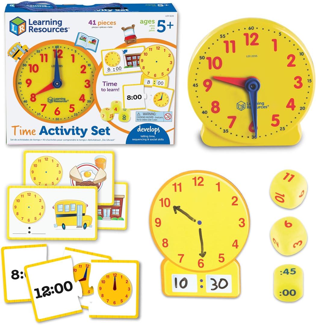 Learning Resources Time Activity Set Teaching Clocks for Kids, Teacher Classroom Must Haves, Elementary School & Montessori Activities, Math Manipulatives, Time Flash Cards, Gifts for Boys and Girls