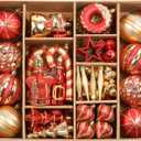 SHareconn 70pcs 2025 Classic Christmas Balls Ornaments Set, Shatterproof Plastic Baubles, Ribbon and Tree Topper for Xmas Tree Holiday Wedding Party Decorations with Hanging Strings, Red and Gold