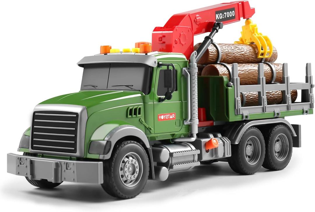 Dwi Dowellin Kids Toys for 3 4 5 6 7 Years Old Boys,15" Large Timber Truck with Loading Crane and 6 Trunks,Birthday Gifts for Boy Toddler Child, Farm Truck