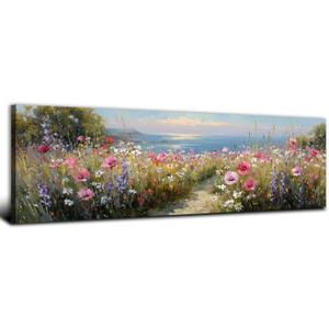 Coastal Wildflower Wall Art Abstract Beach Landscape Picture Bathroom Wall Decor Colorful Daisy Flower Sea Scenery Canvas Artwork Nature Nautical Print Cottagecore Living Room Decoration 14x48"