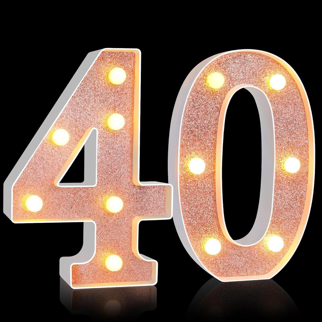 Treela 8.7'' Birthday Decorative LED Light up Numbers, Glitter Marquee Number Sign for Night Birthday Party Decorations Anniversary Bar LED Sign Backdrop Wall Table Centerpieces(40th,Rose Gold)