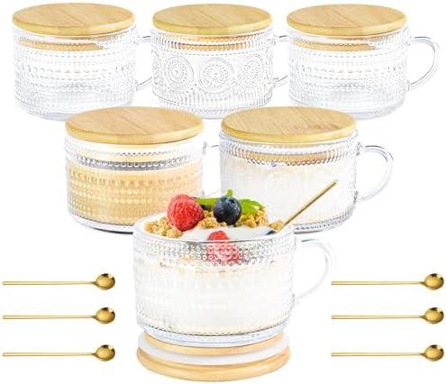 Icesip 14oz Vintage Coffee Mugs Glass of 6 Overnight Oats Glass Containers with Bamboo Lids Spoons Handle for Iced Coffee Latte Cereal Yogurt(6 Mixed Pattern with Sealing Ring Lid)