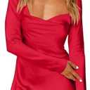 HYPERFIRE Women's Elegant Satin Long Sleeve Cowl Neck Mini Dress Tie Back Cocktail Dress Party Club Size XS