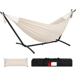 Lazy Daze Hammocks Double Hammock with 9ft Space-Saving Steel Stand Includes Portable Carrying Case, 450 Pounds Capacity (Natural) (Black Frame- Beige)