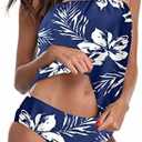 Two Piece Bandeau Tankini Swimsuits for Women Loose Blouson Swim Top with Bikini Bottom Tummy Control Bathing Suits (Blue, L)