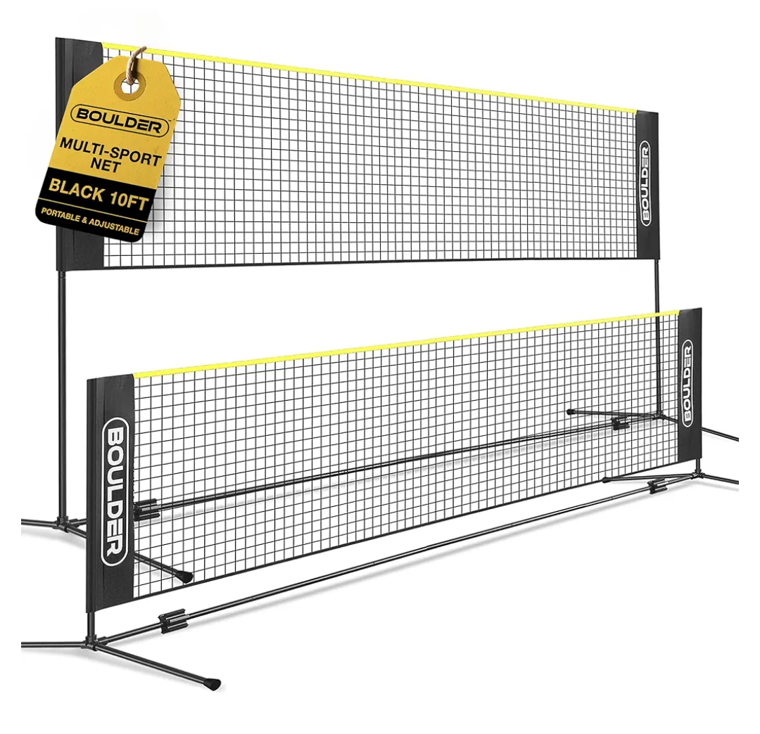 BOULDER Portable Badminton Net Set - for Tennis, Soccer Tennis, Pickleball, Kids Volleyball - Easy Setup Nylon Sports Net with Poles (Black/Yellow, 10 FT)
