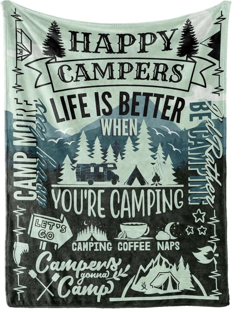 Camping Gifts for Women Men Lovers Throw Blanket, Happy Campers Decor Outdoor, RV Campsite Travel Hiking 50" x 65" - Happy Campers