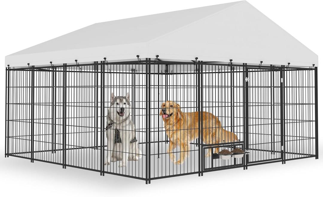 Yafylly 10106 FT Large Outdoor Dog Kennel for Large Dogs - Heavy Duty Dog Kennel Outdoor with Roof, Covered Dog Kennels with Feeding Door and Double Lock (115.4"L x 112.2"W x 74.2"H)