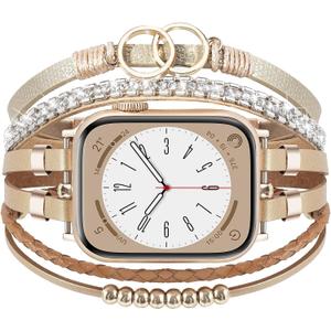 MOFREE Boho Leather Bracelet Compatible with Apple Watch Band 38mm 40mm 41mm Women, Adjustable iPhone Watch Bands Fancy Jewelry Multilayer Strap Wrap for iWatch Bands Series 10 9 8 7 6 5 4 3 2 1 SE (Khaki)