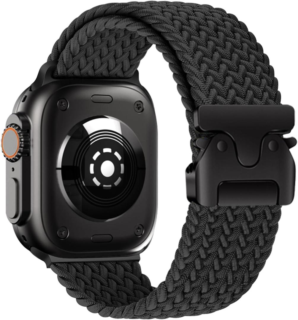 Yeahxing Nylon Braided Band for Apple Watch Ultra/2-49mm 46mm 45mm 44mm 42mm 41mm 40mm 38mm,Secure Stretchy Strap Women/Men,Parachute Buckle Bands for iWatch Series 11 10 9 8 7 6 5 4 3 SE (Black)