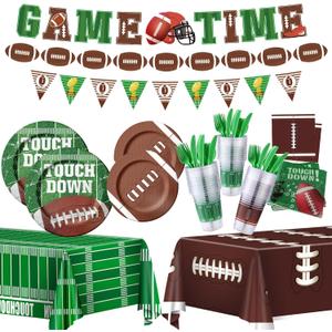 173PCS Football Party Supplies Kit for 24 Guests - Football Birthday Supplies with Paper Plate Napkin Big Cup Cutlery Banners Touchdown Tablecloth Tailgate Party Decorations(A)