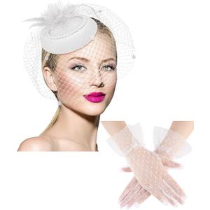 Geyoga 20s 50s Tea Party Hat Clip and Gloves Set Fascinator Hat for Women Funeral Pillbox Cocktail Clip with Veil
