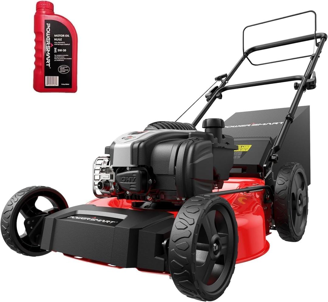 PowerSmart Gas Lawn Mower, 21-Inch Self-Propelled Mower with B&S 140cc Engine, Steel Deck, 3-in-1 Bag/Mulch/Rear Discharge, 6 Height Positions, 10 Rear Wheels