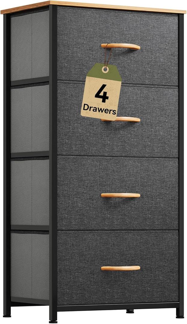 DWVO 4 Drawers Dresser, Small Dresser, Fabric Storage Tower, Chest of Drawers, Organizer Unit for Closets, Living Room, Sturdy Steel Frame, Wooden Top, Easy Pull Handle