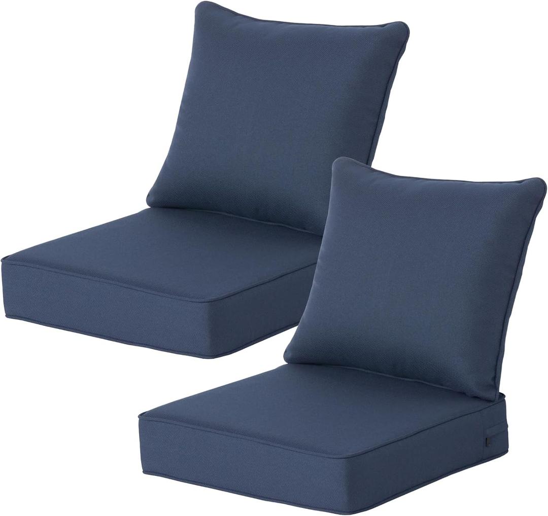 22x24 Inch Outdoor Deep Seat Cushions Set of 2,Thick High-Density Foam, Water-Resistant, Piped Edges & YKK Hidden Zipper for Patio Furniture,Blue