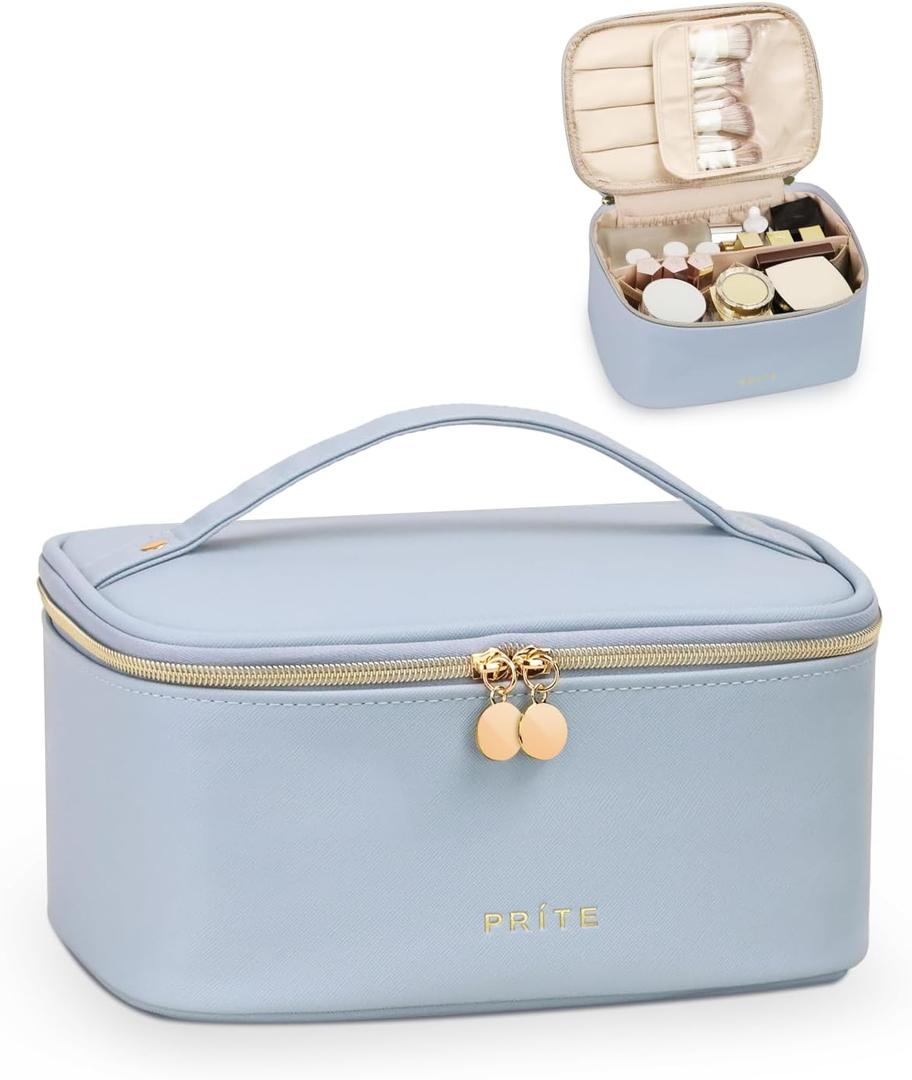 Prite Makeup Bag, Large Capacity Portable Travel Cosmetic Bag, Waterproof Makeup Organizer for Women with Handle and Divider (001 Blue)