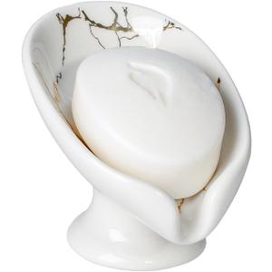 Soap Dish, Soap Holder Self Draining Leaf Shape Soap Dishes, Ceramic Drain Soap Dish for Sink Bathroom Shower Kitchen, Easy to Clean Keeps Soap Dry, Cream White & Gold Marble Pattern, ANTIS'S HOME
