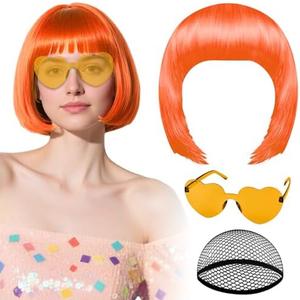 PLULON Orange Bob Wig with Heart Sunglasses and Hair Cap, Colorful Short Bob Wigs Synthetic Party Wigs Funny Cosplay Hairpieces for Women Men Daily Bachelorette Halloween Costume Party Decorations