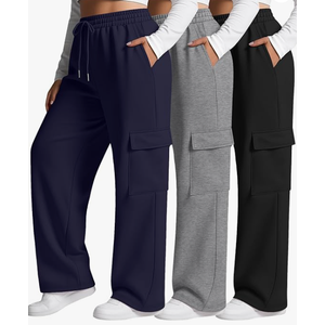 Neer 3 Pack Women's Plus Size Cargo Sweatpants Wide Leg Drawstring Bottom Pants Baggy Loose Casual Athletic Trousers, XL