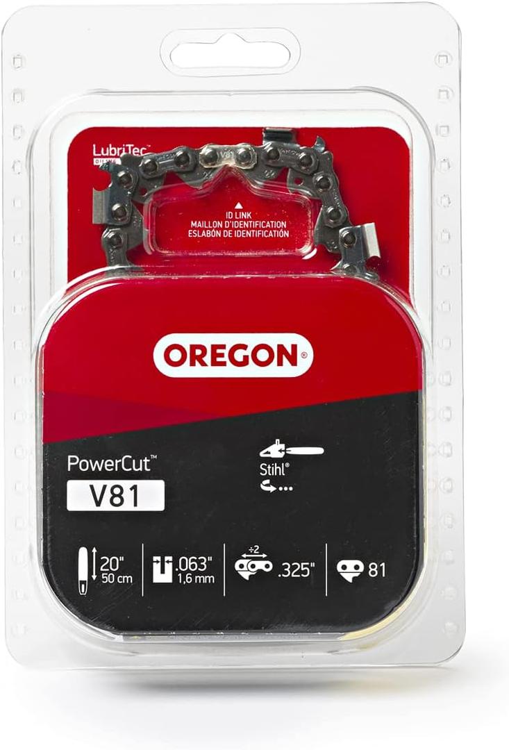 Oregon V81 PowerCut Chainsaw Chain for 20-Inch Bar, 81 Drive Links, .325" Pitch, .063" Gauge (22LPX081G), Fits Various Stihl Models, Grey