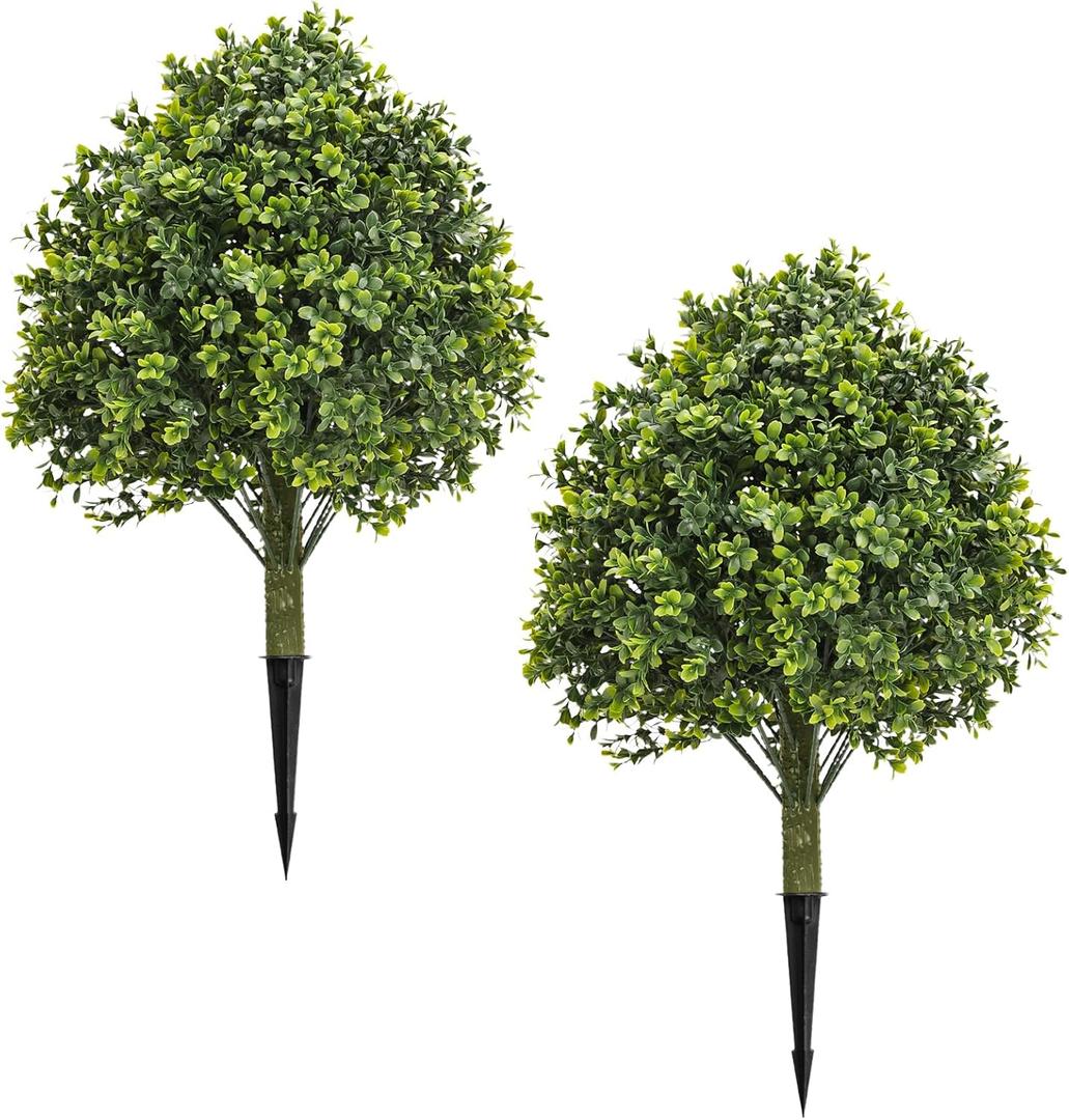 Fake Bushes Outdoors Topiary Trees Set of 2-23.6'' Artificial Shrubs Boxwood Balls with Ground Spikes for Front Porch Decor, Faux Plants UV Resistant Fake Evergreen Tree for Home Decor