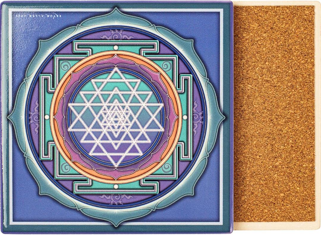 2 x Ceramic Coasters with Mandala Designs with Cork Backing for Hot & Cold Beverages Protects Surfaces from Water Rings & Heat Marks Mind Body & Soul by Mandala Arts Sri Yantra