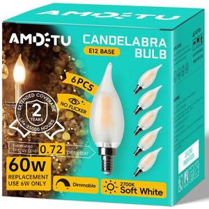 E12 60 Watt Equivalent Frosted LED Candelabra Bulb Candle CA10 Chandelier Light 2700K Soft White Dimmable E12 Base, Ideal for Dining Rooms, Living Rooms, Long-Lasting Light for Cozy Indoor Settings
