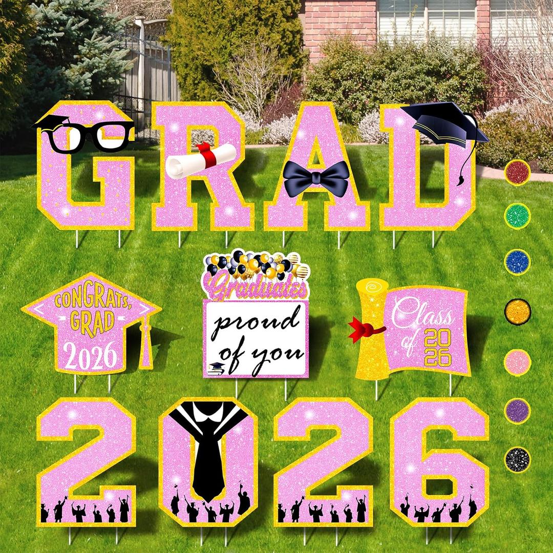 Graduation Decorations 2026 Pink, 11 Pcs Graduation Yard Signs Class of 2026, 15" Large Shimmering Grad Signs for Lawn Garden Pathway, High School College Senior Grad Party Decor Outdoor