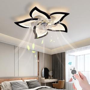 Bevenus Low Profile Ceiling Fans with Lights,27.2 Black Modern Dimmable Flower Shape Ceiling Light Fan with Remote Control/app Control,Timing 6 Gear Speeds Fan Ceiling Lamp.