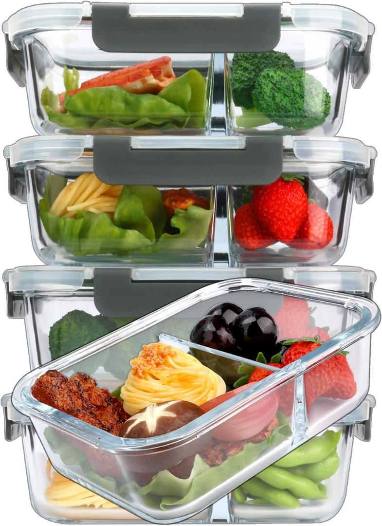 M MCIRCO [5-Pack,36 Oz] Glass Meal Prep Containers 2 Compartments Portion Control with Upgraded Snap Locking Lids Glass Food Storage Containers, Microwave, Oven, Freezer and Dishwasher (4.5 Cups) (Gray)