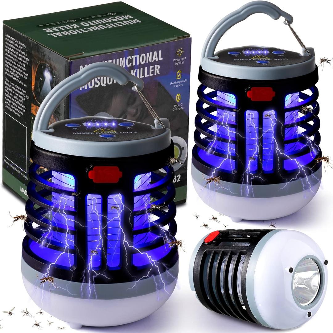2 Pack 3 in 1 Bug Zapper USB Rechargeable Mosquito Killer Portable Waterproof Mosquito Repellent Outdoor Indoor LED Lantern Bug Zapper Camp Light SOS Emergency Light for Home, Backyard (2, Black)