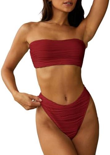ZAFUL Women Strapless Textured Bandeau Bikini 2 Piece Swimwear Cheeky Solid Lace up Bathing Suits L