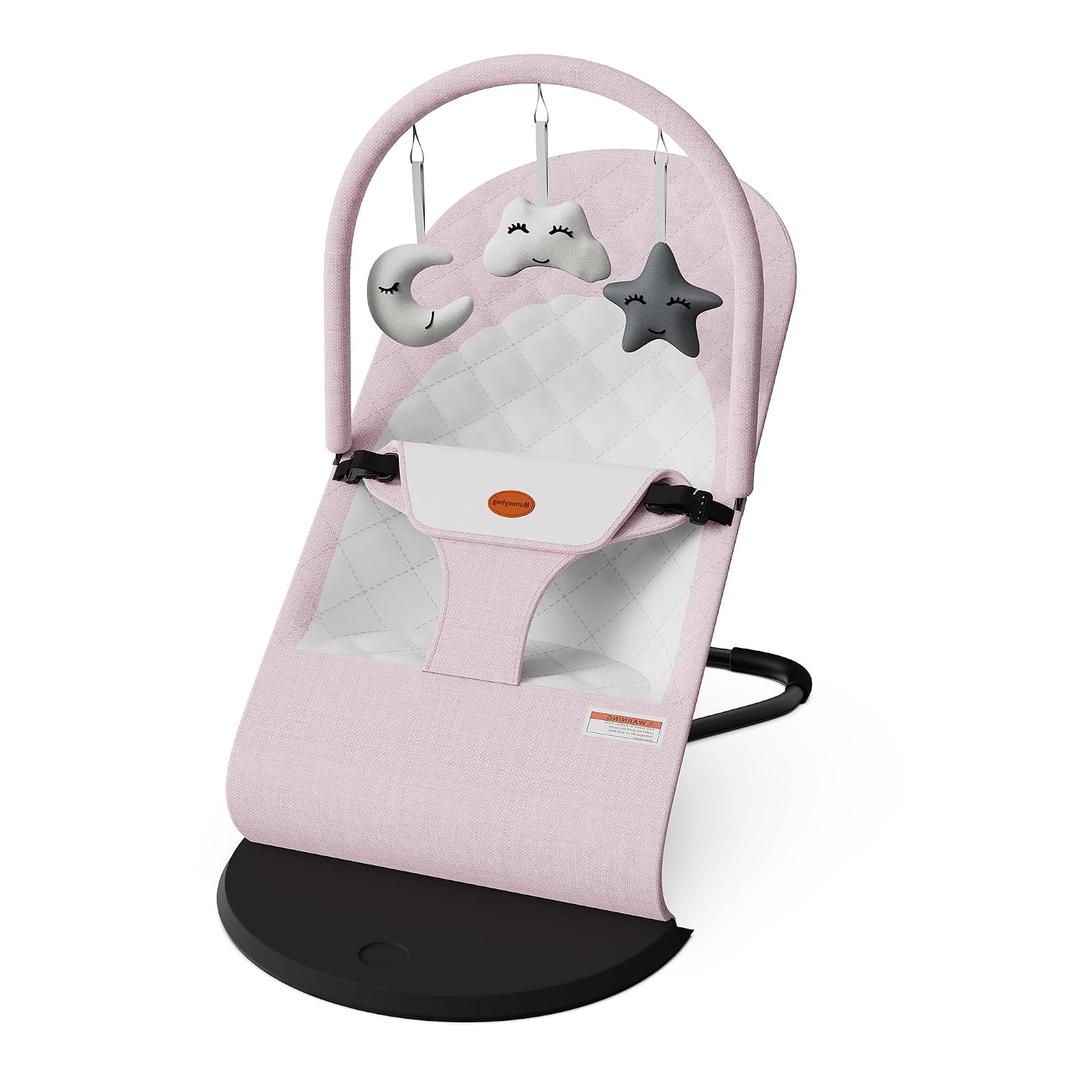 Portable Baby Bouncer Seat for Infants, 0-18 Months, 3 Modes of Use with Rocker & Stationary Options, Ergonomic Infant Chair with Hanging Toys, Pink MFG Date 10/01/2024