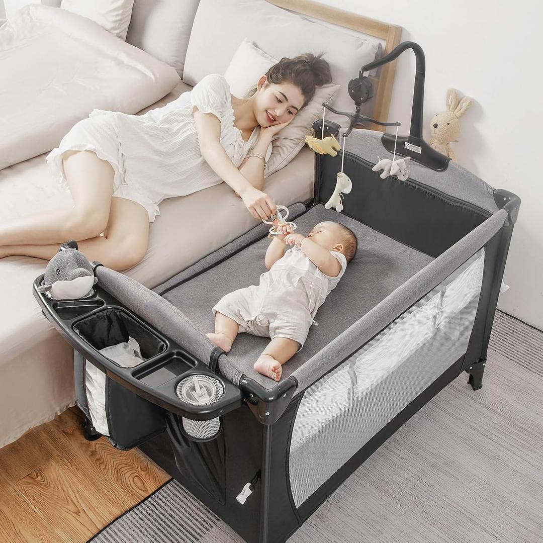 5-in-1 Pack and Play, Baby Bassinet Bedside Sleeper with U-Shaped Diaper Changer, Portable Toddler Playard for Newborn Toddlers, Baby Crib with 4 Adjustable Height, Carry Bag, Easy to Install (Black)