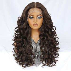 Felek Chocolate Brown Lace Front Wig Synthetic 13x6 Loose Wave HD Transparent Lace Frontal Wigs Pre Plucked Wear and Go Glueless Wigs for Black and White Women 24 inch Long Curly Wig
