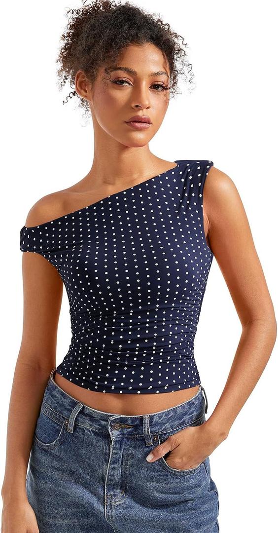 SUUKSESS Women Off Shoulder Tops Sleeveless Shirts Y2K Going Out Crop Tank Top (L)