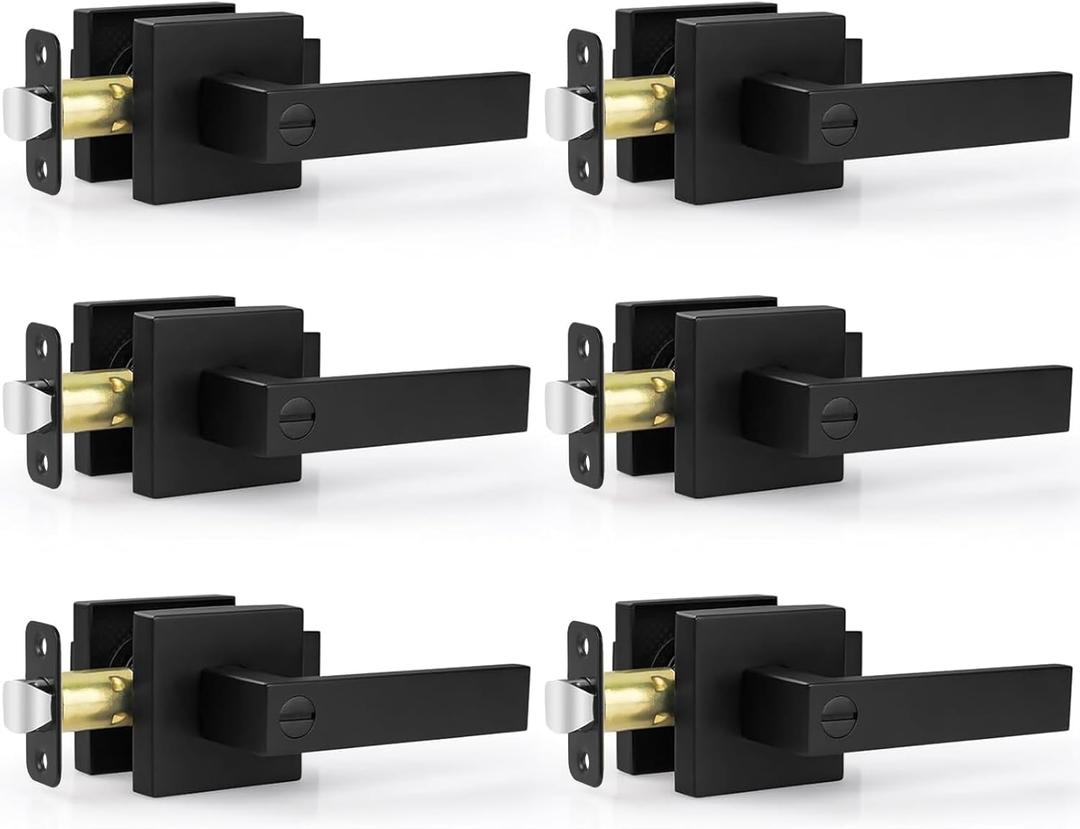Estmoon 6 Pack Matte Black Door Handle, Keyless Interior Door Knobs Square Privacy Door Levers Heavy Duty Door Locks for Bedroom Bathroom, Reversible Interior Handles for Left & Right Handled Doors