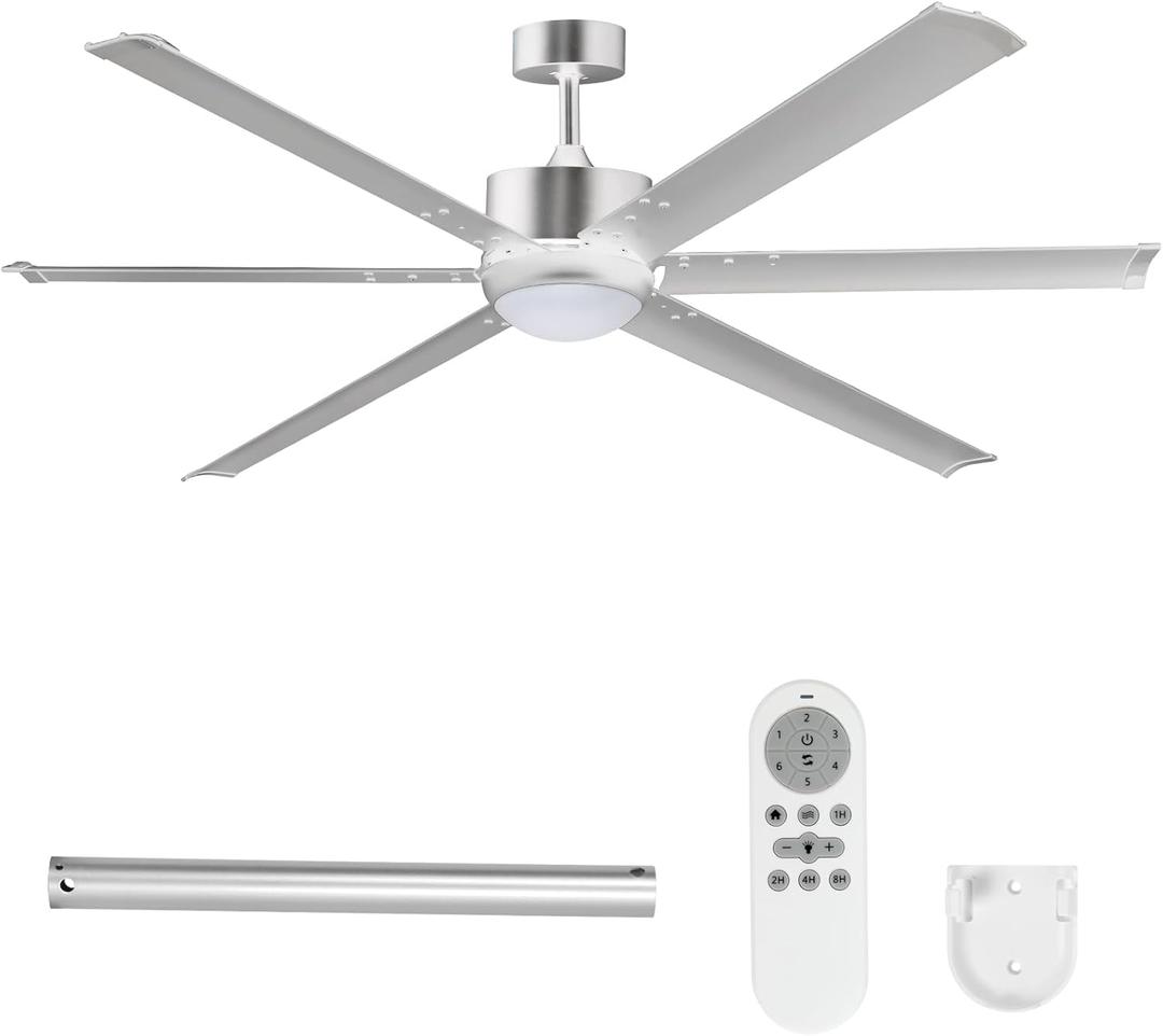62" Ceiling Fans with Light and Remote, Energy Saving Super Quiet 6-Speed Ceiling Fan with 3CCT Dimmable Light for Indoor and Outdoor, 6 Aluminum Blades, Reversible, Silver