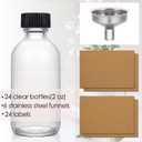 24 Pack, 2 oz Small Clear Glass Bottles w/ Lid & 6 Stainless Steel Funnels - 60ml Boston Sample Bottles - Mini Travel Essential or Decorative Bottles for Potion, Juice, Wellness, Ginger Shots, Whiskey