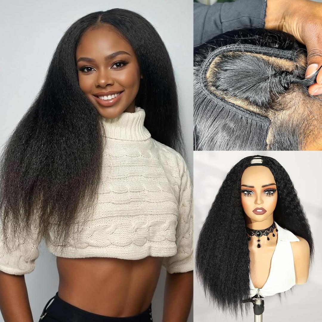 WIGER Kinky Straight U Part Wigs Human Hair Half Wig Natural Color Glueless Thin Leave Out Curly Hair 200% Density 22 Inch kinky Curly Clip in Wigs for Black Women Wear And Go Wig