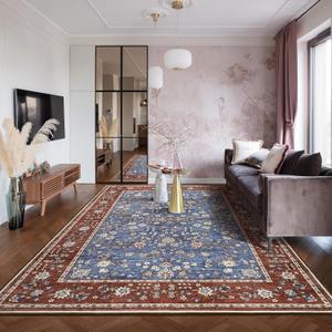 Softlife Washable Rug for Living Room, 5x7 Rugs for Kitchen, Non-Slip Oriental Indoor Mat Under Dinning Table, Mordern Print Home Carpets with Rubber Backing for Kids, Blue and Maroon