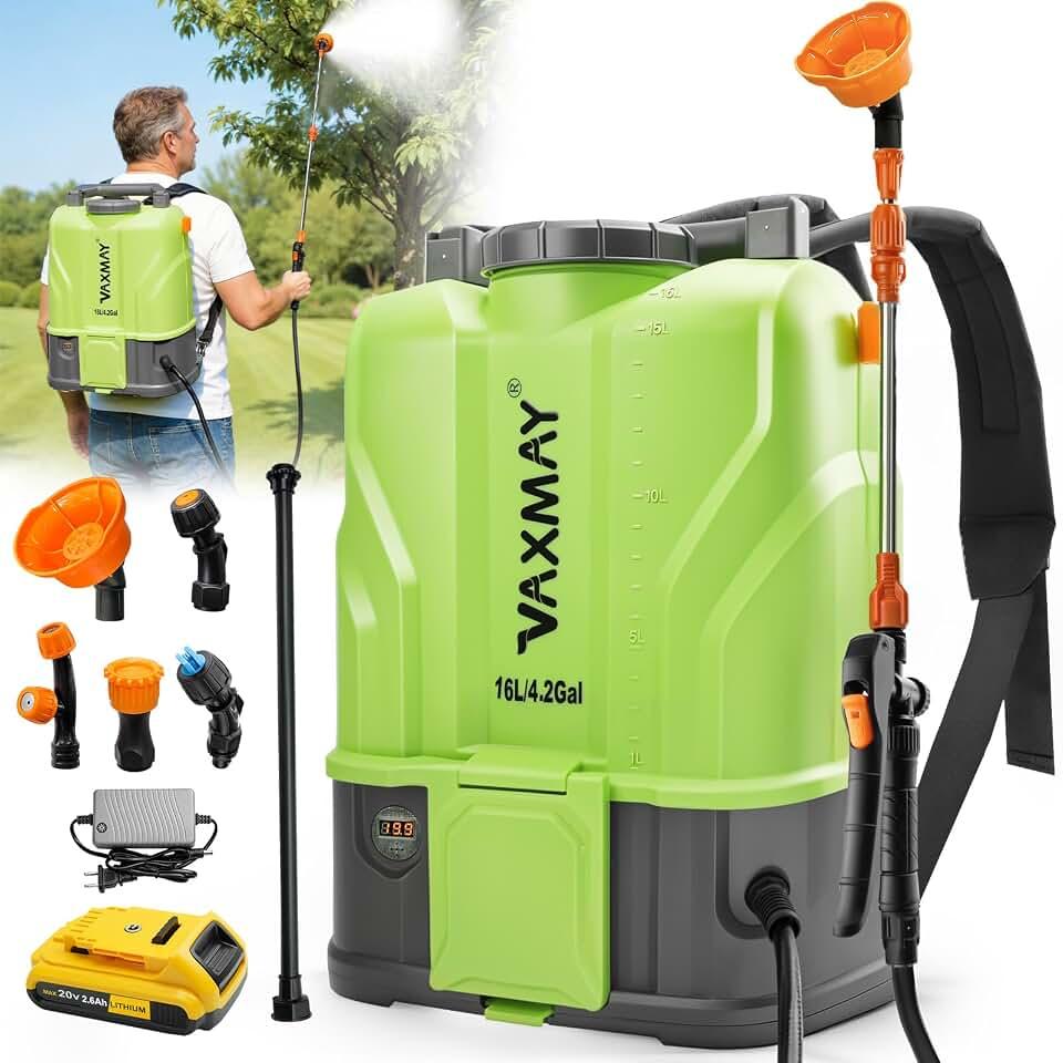 VAXMAY Battery Powered Backpack Sprayer 4.2 Gallon, 120 PSI Electric Garden Sprayer Compatible with DeWalt 20V Battery, Weed Yard Sprayer with 2 Wands, 5 Nozzles, 2.6 Ah Battery & Charger Included
