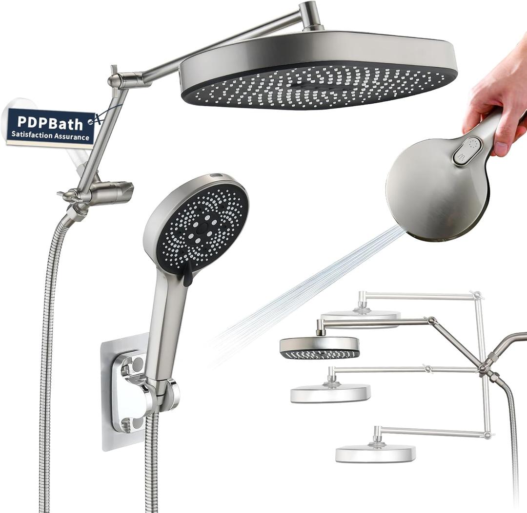 PDPBath 14 Inch Rain Shower Head with 5+1 Settings Handheld Spray Combo, High Pressure Rainfall Shower Head with 16'' Adjustable Extension Arm, 79" Extra Long Hose, 3-Way Diverter, Brushed Nickel