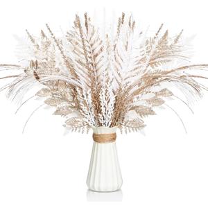 50 Pcs Champagne Gold and White Christmas Tree Picks and Sprays Xmas Tree Topper Glitter Pine Twigs Faux Glittery Branch Stems for Christmas Vase Wreath Decoration DIY Craft Supplies