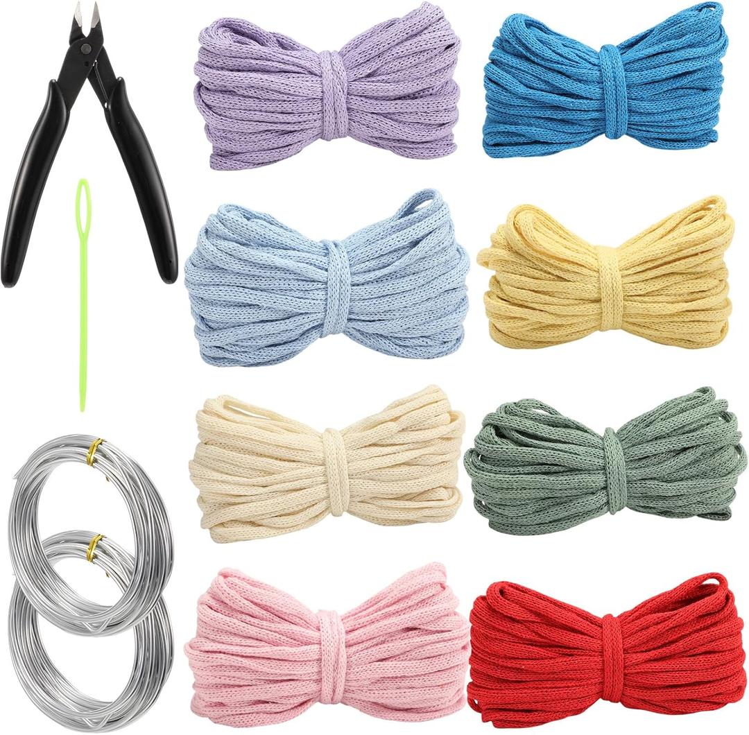 Gemscream 12 Pcs Knitted Wire Art Kit Include 8 Rolls Hollow Knitted Crochet Yarn 2 Rolls Aluminum Craft Wire with Needle Nose Plier and Sewing Needle for Beginner for DIY Crafts Sewing Crocheting